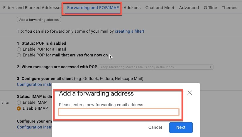 To forward emails inside of Gmail, click Forwarding and POP/IMAP and then Add a Forwarding Address.